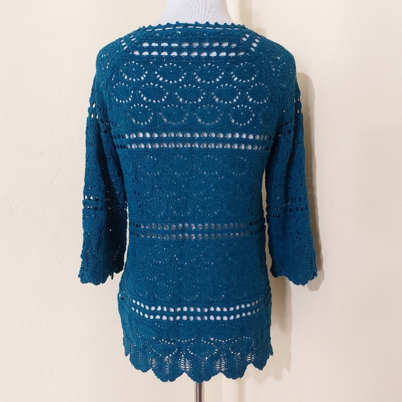 Lucky Brand Blue Crochet Tassle 3/4 Sleeve Scalloped Knit Blouse Top Size Small - Picture 7 of 12